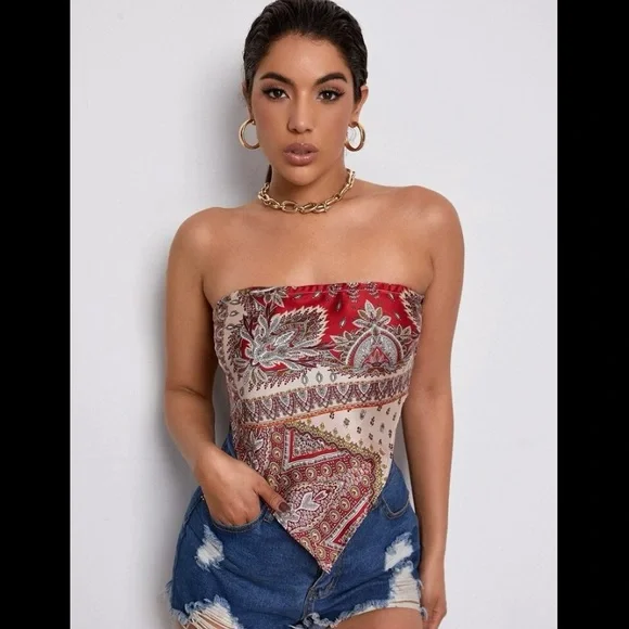 SHEIN Paisley Print Bandana Tube Top SMALL 4 SATIN SCARF RED STRAPLESS FESTIVAL - Picture 5 of 6